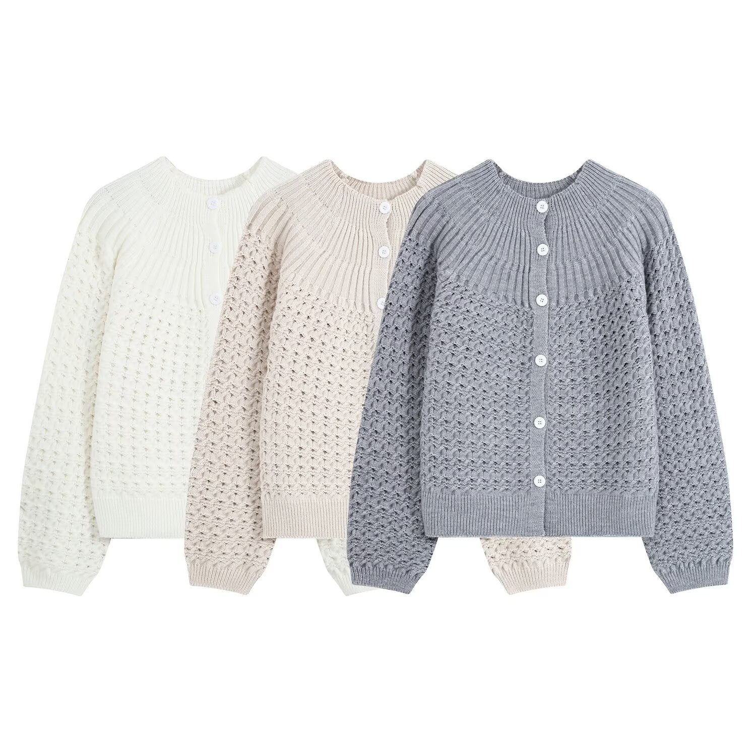 Women's structured cardigan with round yoke, textured stitch pattern and button placket Chichicherry