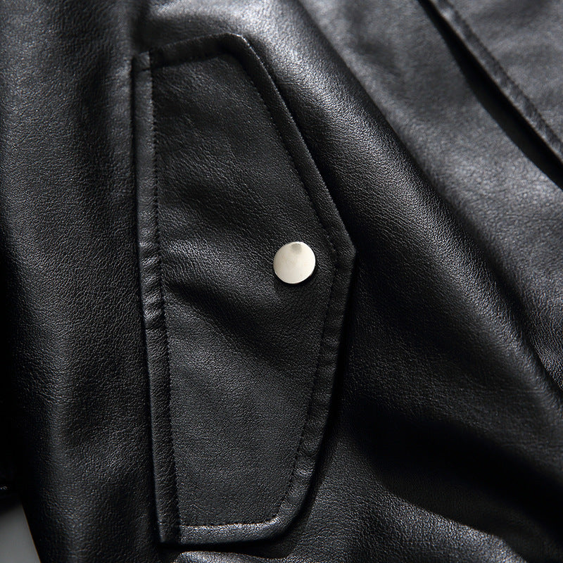Men's Boxy Faux Leather Blouson Jacket with Stand Collar Snap Placket and Elastic Hem Chichicherry