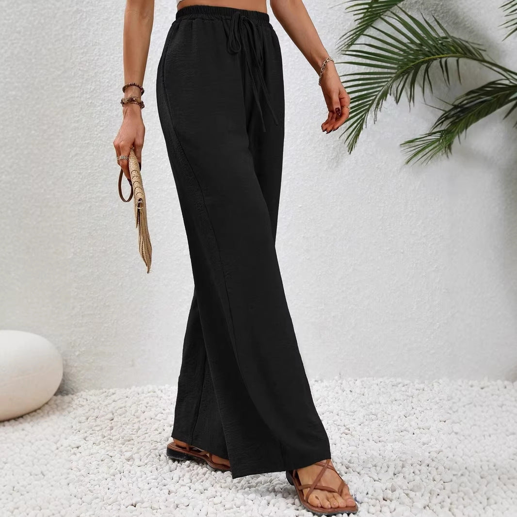 Women's Light Palazzo Pants with Elastic Waistband, Drawstring, and Side Pockets Chichicherry