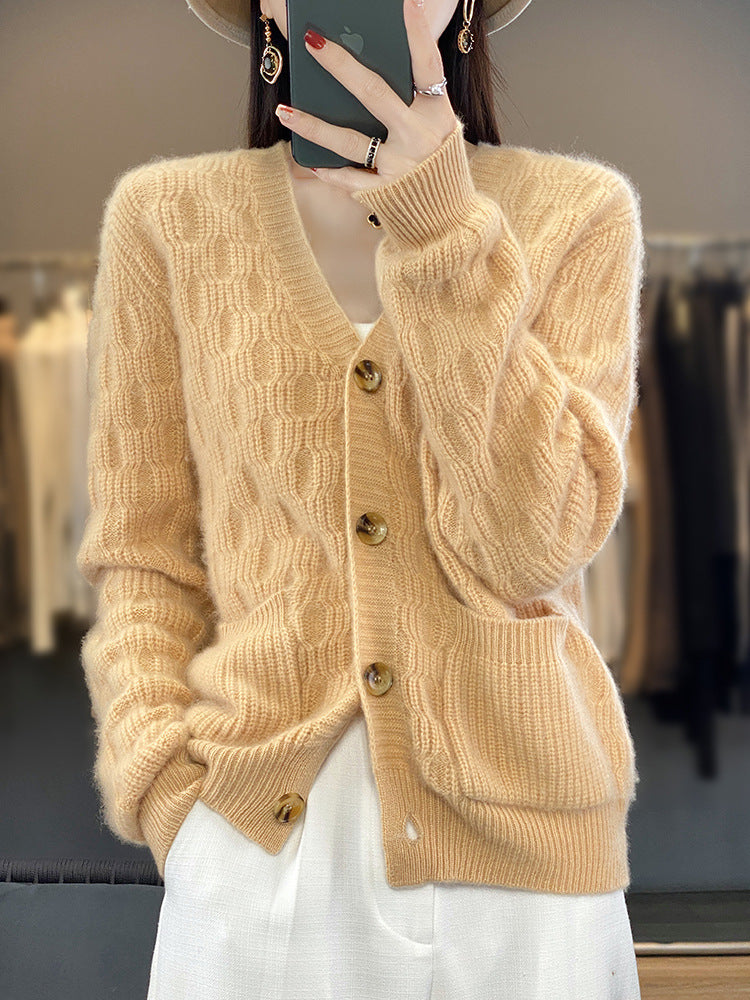 Women's Soft Diamond Pattern Sweater in Mohair Look with Fine Openwork Structure and Round Neckline Chichicherry