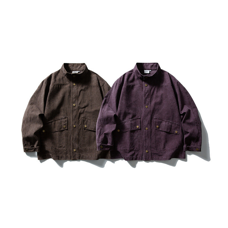 Unisex cleverly tailored canvas worker blouson jacket with stand-up collar and snap button front Chichicherry