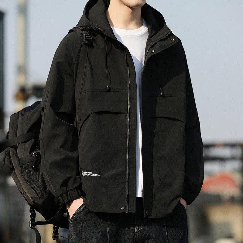 Men's Lightweight Hooded Utility Windbreaker with Large Flap Pockets and Elastic Cuffs Chichicherry