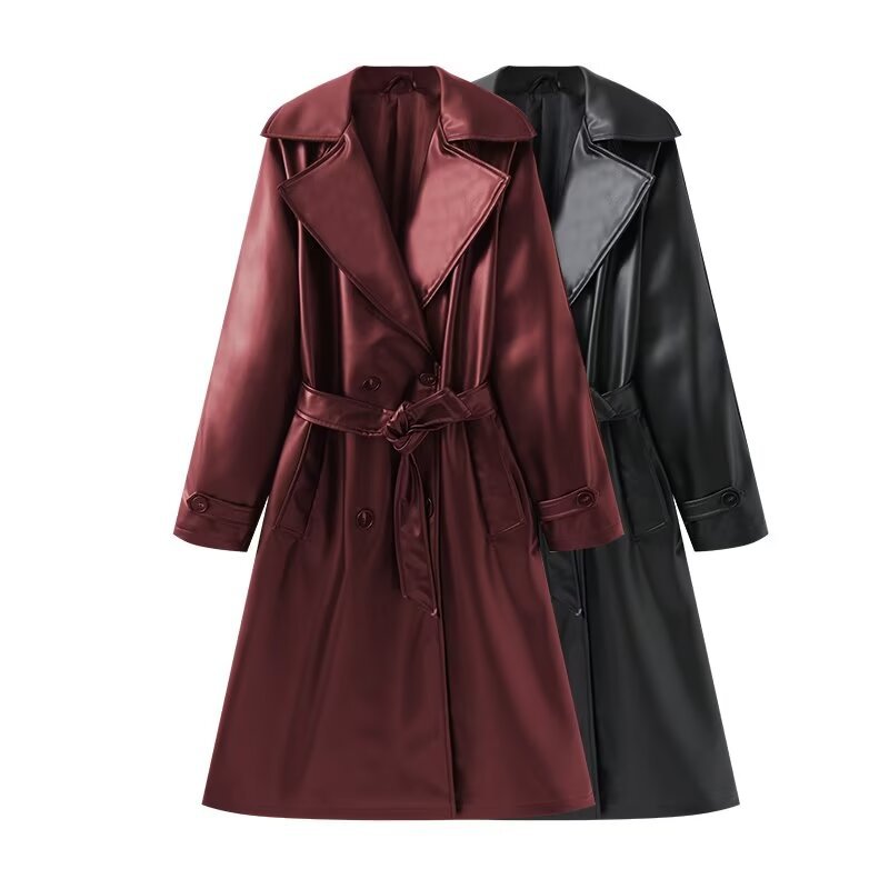 Women's Long Shiny Trench Coat Transition Jacket in Leather Look with Waist Belt Chichicherry