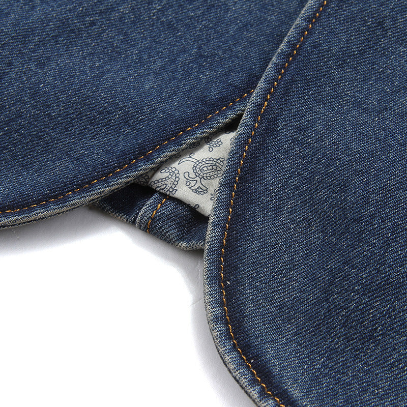 Men's Elegant Denim Blazer Style Jacket with Faux Leather Trim and Paisley Lining Chichicherry