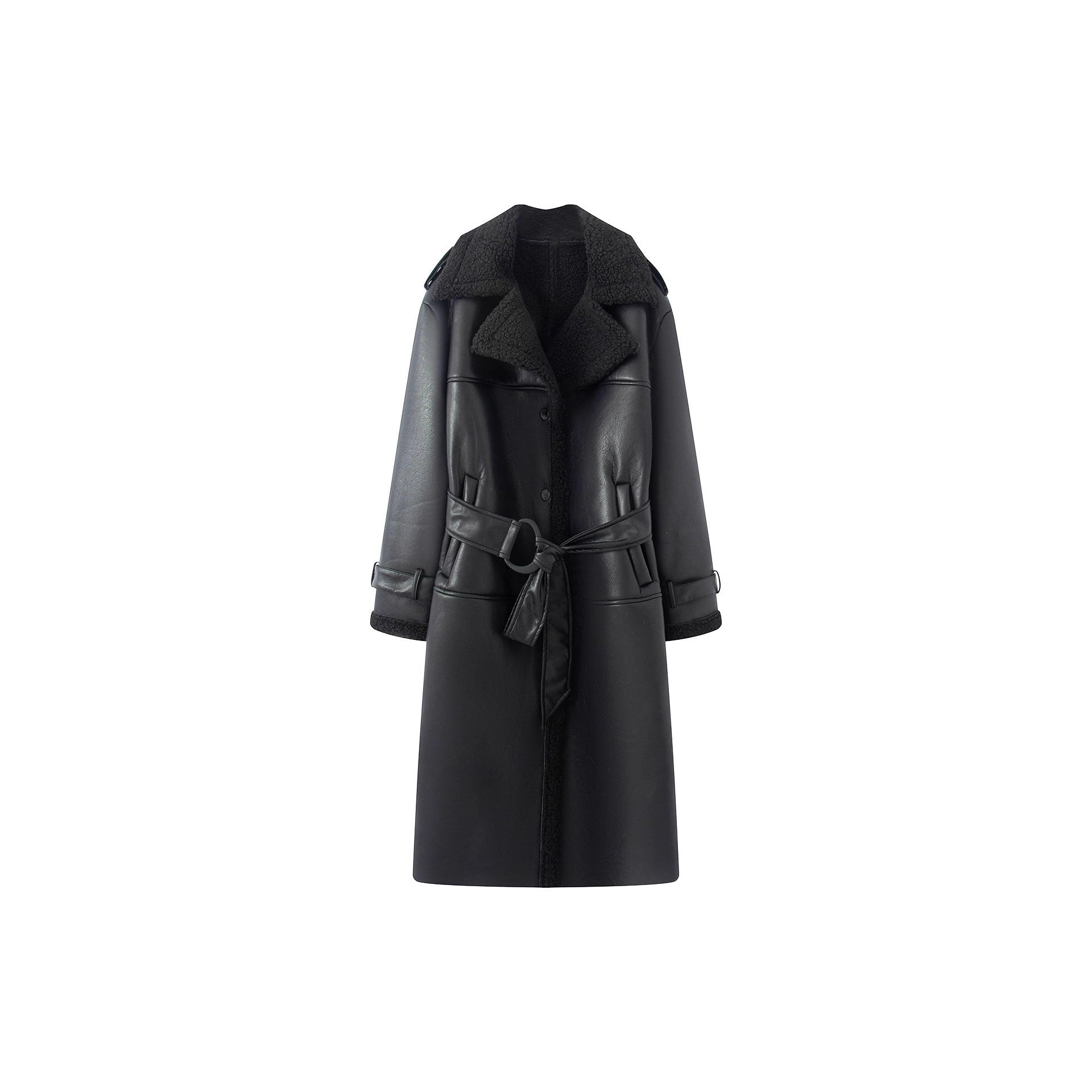 Women's long faux leather coat with teddy lining and belted waist Chichicherry