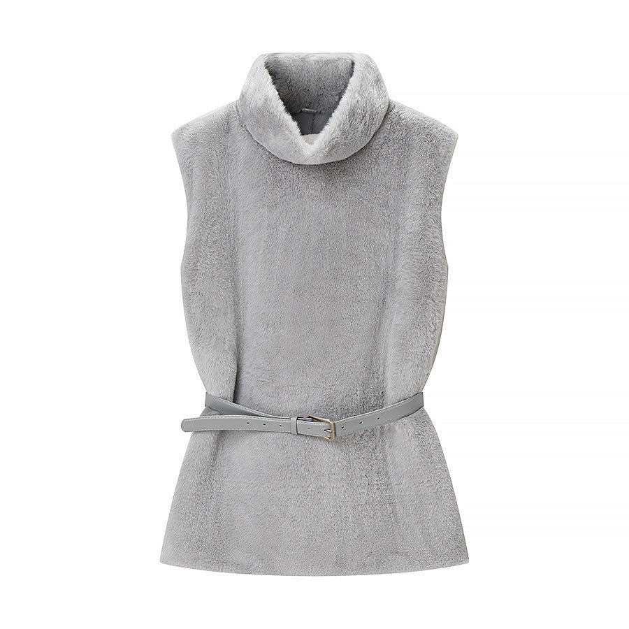 Women's Sleeveless Faux Fur Vest with Stand-Up Collar and Waistbelt Chichicherry