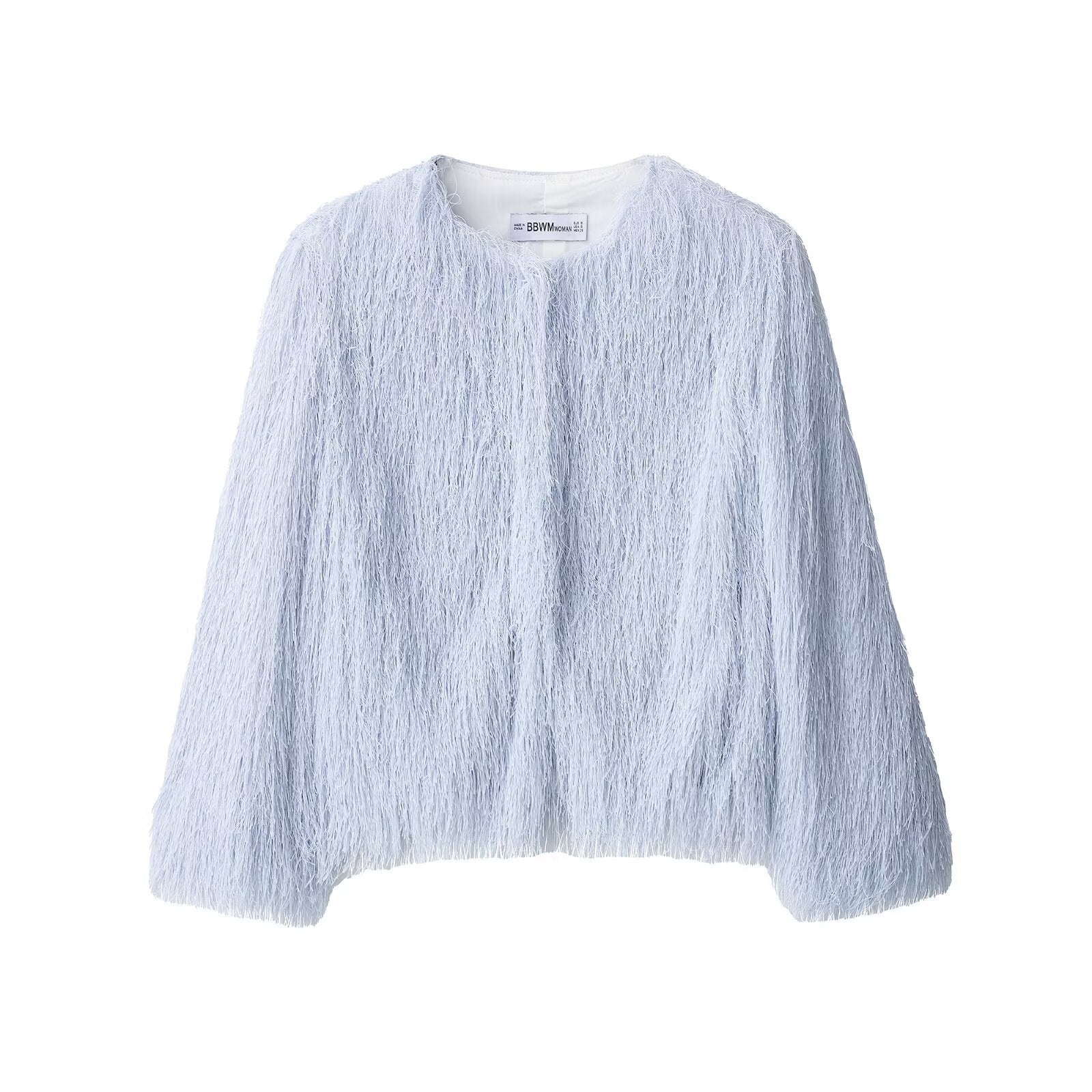 Women's Fluffy Fringe Jacket with Round Neckline and Boxy Cut Chichicherry