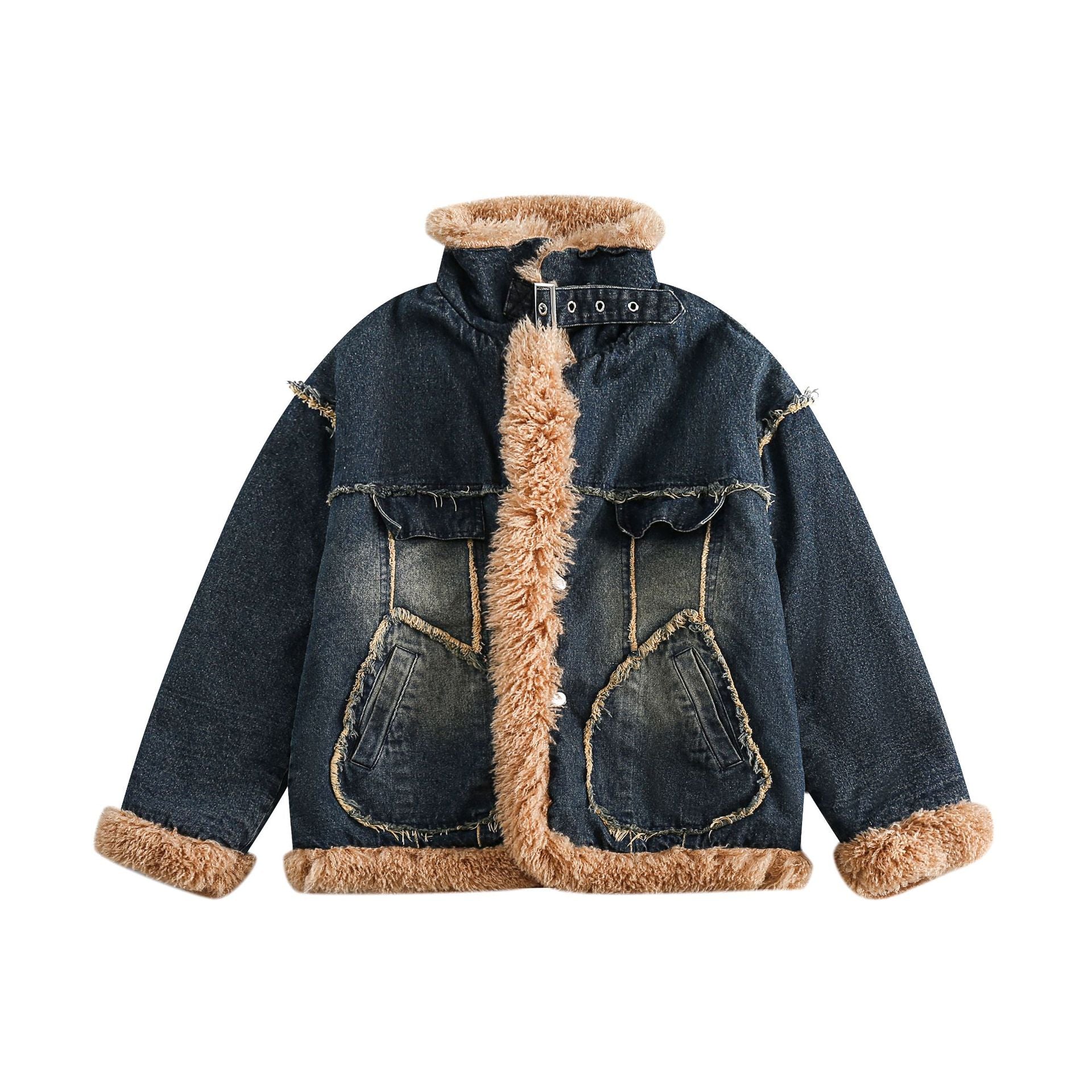 Women's denim jacket with teddy lining, high buckle collar and used effect Chichicherry