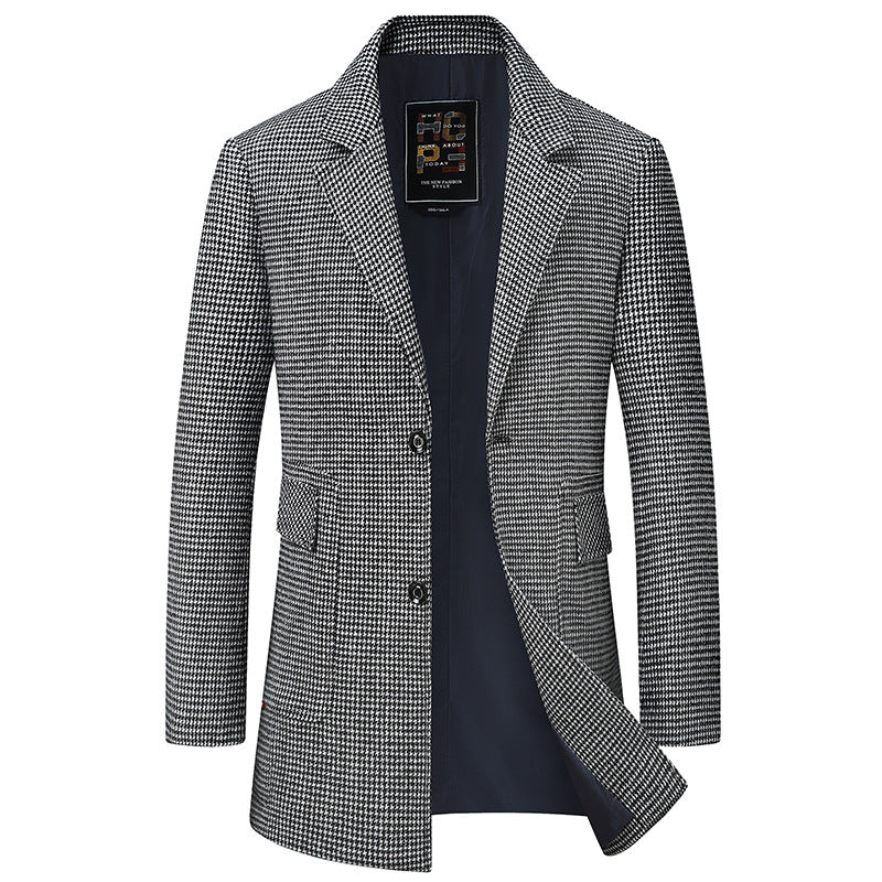 Men's Single-Breasted Short Coat made of Wool Blend with Houndstooth Pattern and Lapel Collar Chichicherry