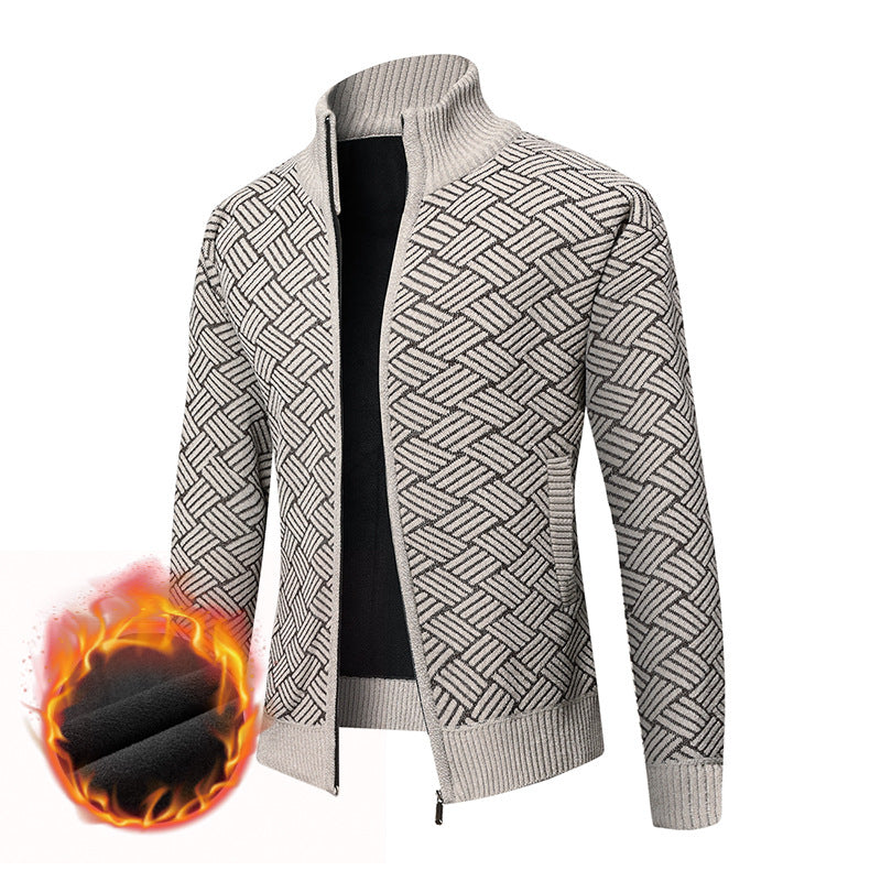 Men's Thermal Knit Jacket with Full Zip, Lined Stand-Up Collar and Geometric Structure Pattern Chichicherry