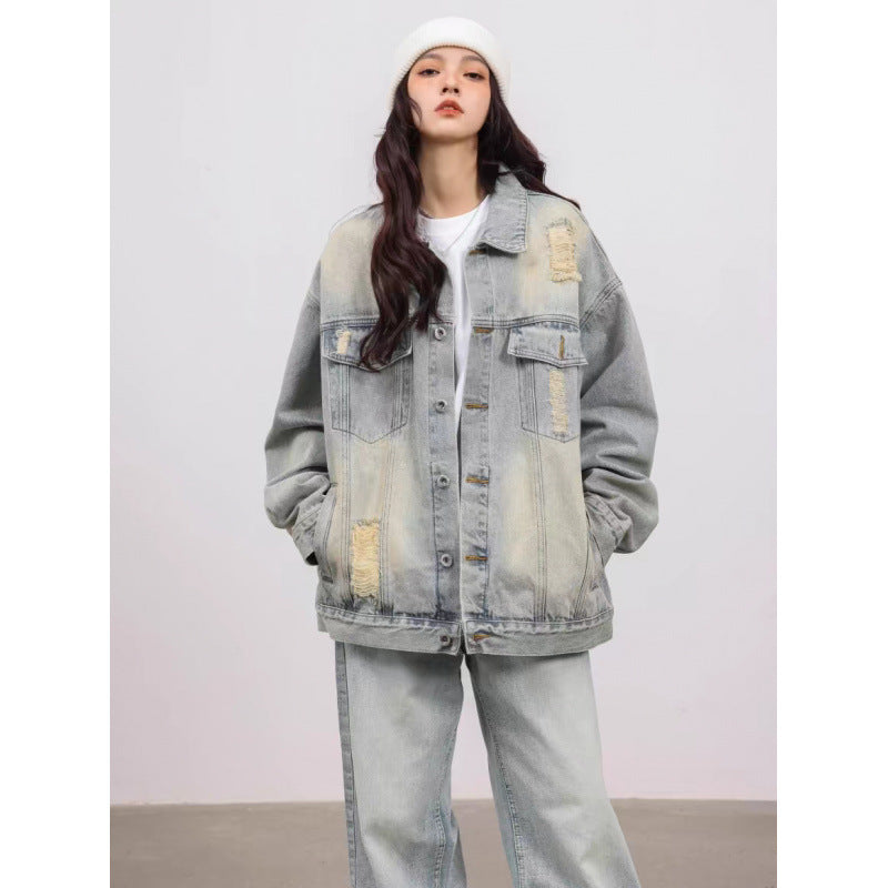 Unisex Vintage-Style Denim-Worker-Jacke mit Repair-Details und geradem Schnitt Chichicherry