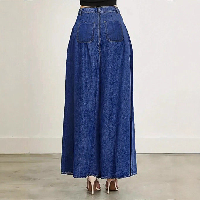 Women Extra Wide High-Waist Denim Palazzo Pants with Flowing A-Line Fall Chichicherry