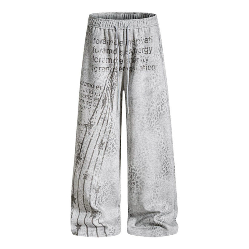 Women's Wide Palazzo Jogging Pants with Drawstring Waist, Statement Print and Vintage Wash Chichicherry