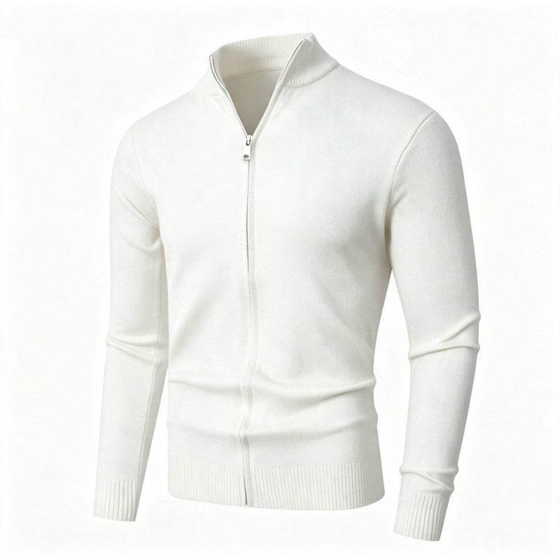 Men's Slim Fit Fine Knit Cardigan with Double Zipper and Stand Collar Chichicherry