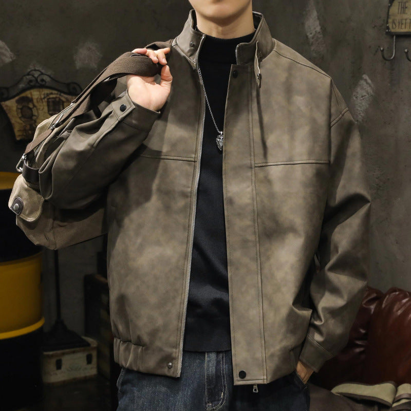 Herren Boxy Lederoptik-Blouson mit verdeckter Reißverschlussleiste, Stehkragen und elastischem Bund Chichicherry