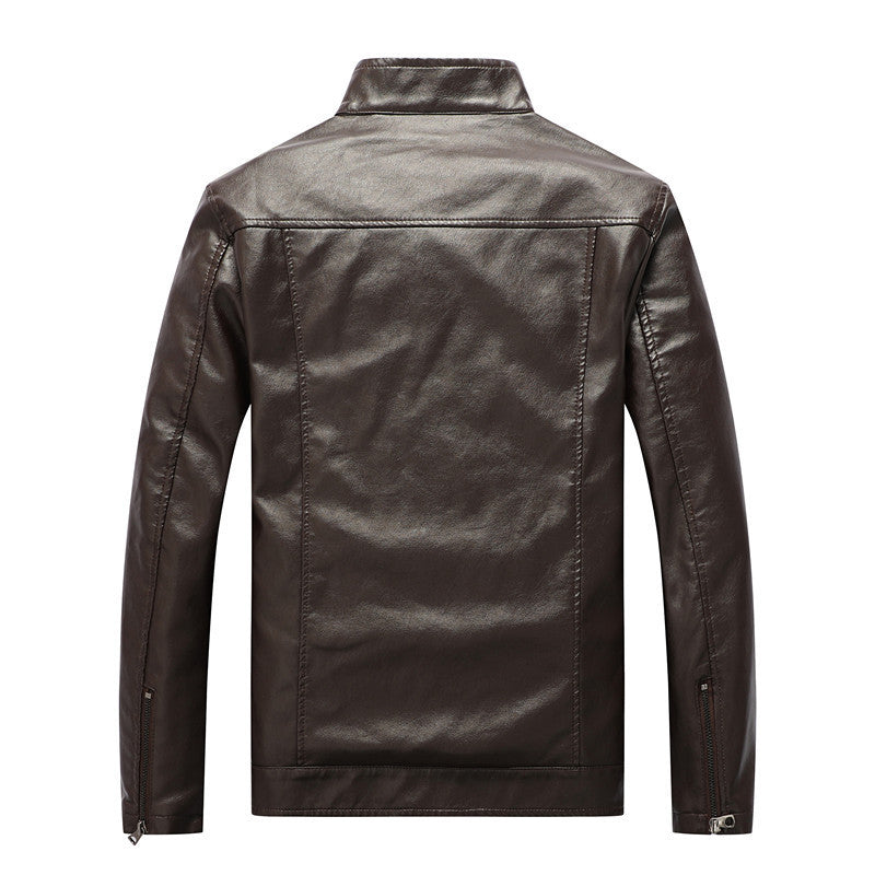 Men's slim artificial leather field blazer with stand-up collar, chest flap pockets, and zipper Chichicherry