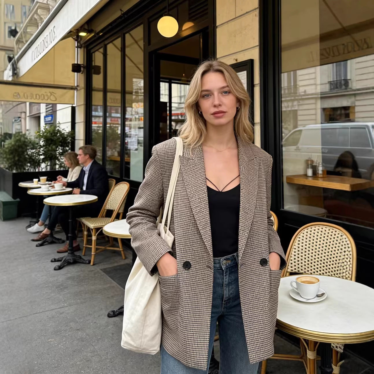 Women Double-Breasted Oversized Blazer with Houndstooth Pattern and Flap Pockets Chichicherry