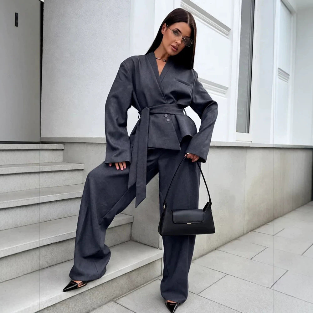 Women's Elegant Wrap Blazer Set with Waist Belt and Wide Pleated Trousers Chichicherry