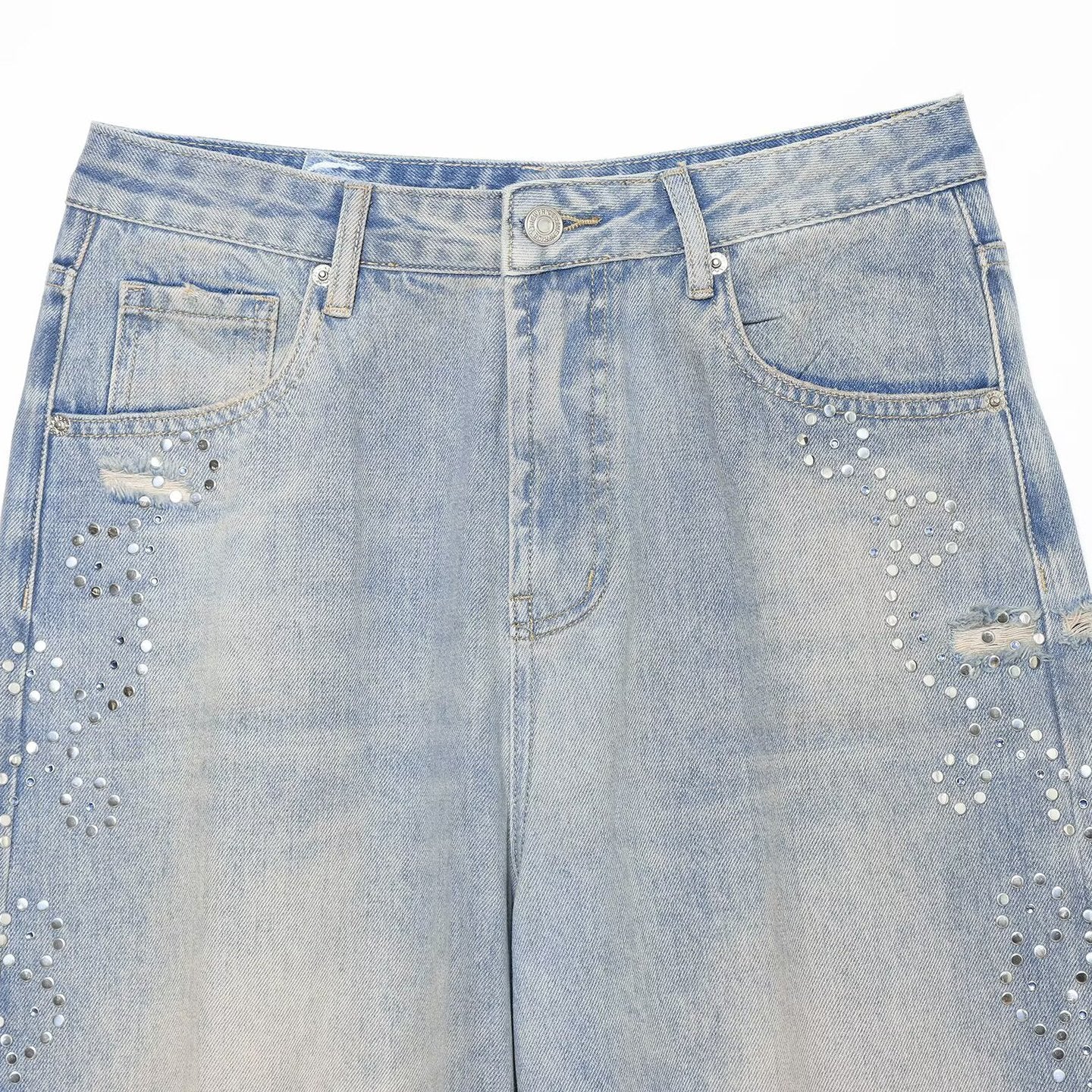 Women's jeans with a high waist, wide leg, rhinestone trim, and destroyed details Chichicherry