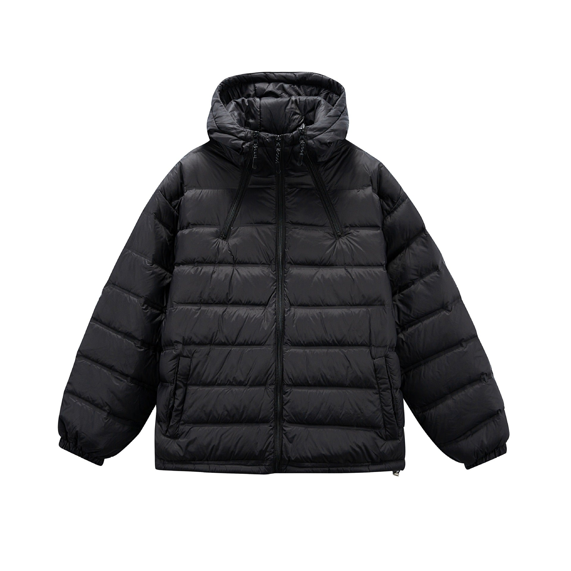 Men's Boxy Puffer Jacket with high stand-up hood, double front zipper and drawstring