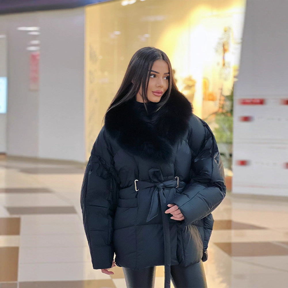 Women's Oversized Puffer Jacket with Waist Belt and Faux Fur Collar Chichicherry