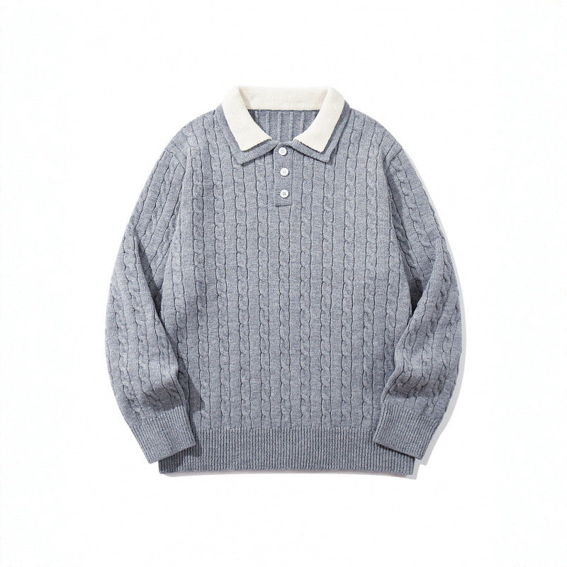 Men's Chunky Knitted Polo Collar Sweater with Cable Pattern and Button Placket Chichicherry