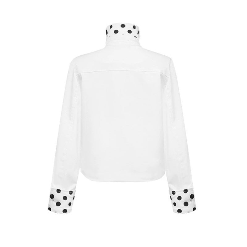 Women Short Double-Breasted Jacket with Stand-Up Collar and Polka-Dot Lining Chichicherry