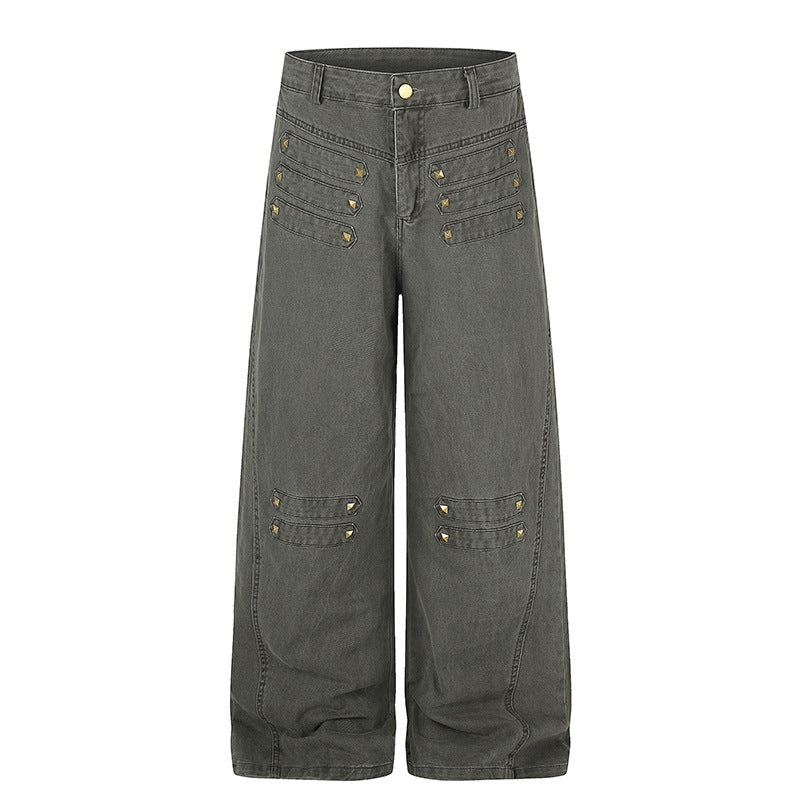 Women's Wide High-Waist Culotte Jeans in Utility Look with Decorative Tabs and Metal Rivets Chichicherry