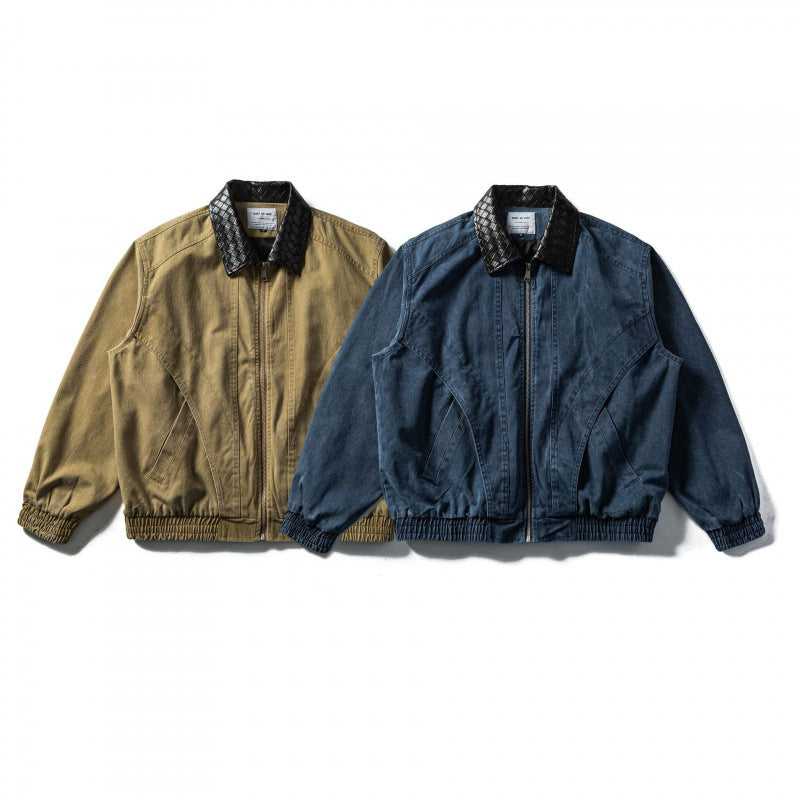 Men's Boxy Denim Blouson Jacket with Quilted Leather Collar and Elastic Cuffs Chichicherry