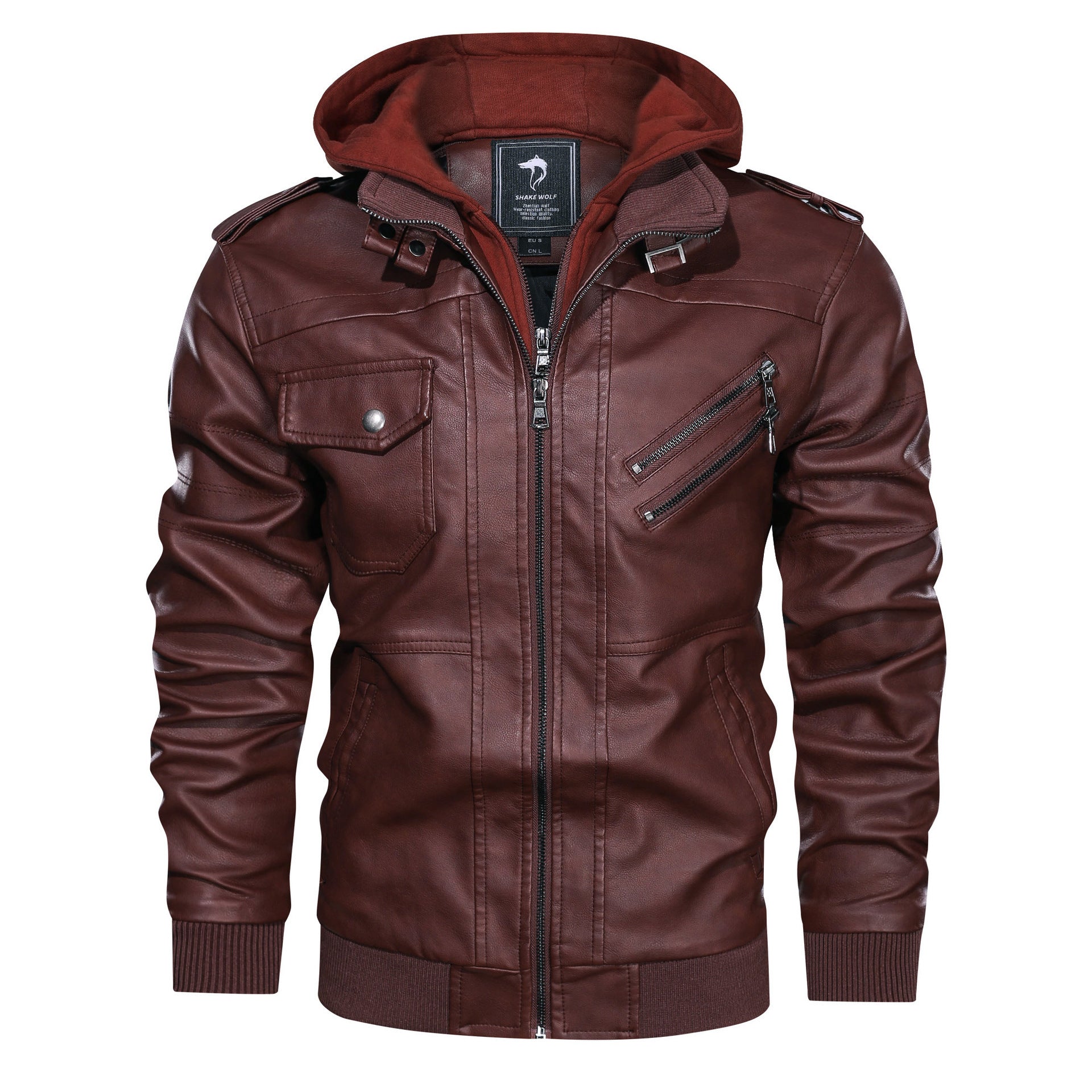 Men's pilot blouson made of synthetic leather with integrated hood insert and zipper details Chichicherry