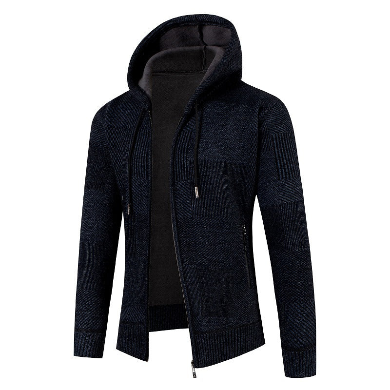 Men's structured knit zip hoodie with lined hood and graphic patch pattern Chichicherry
