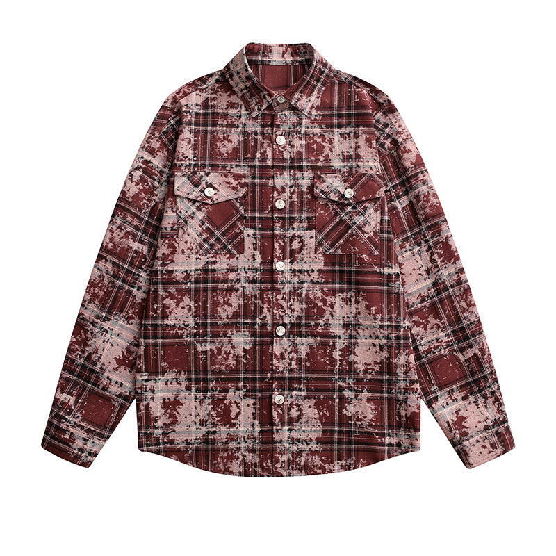 Women's Oversized Check Shirt Jacket with Vintage Effect and Breast Pockets Chichicherry