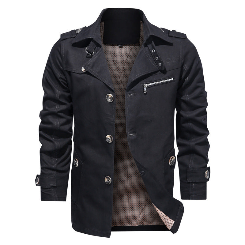 Men's Short Trench Coat in Utility Field Style with Stand-Up Collar and Zip Breast Pocket Chichicherry