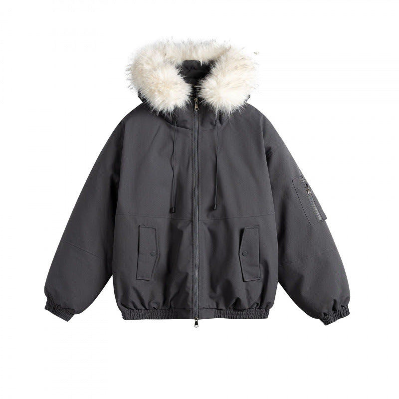 Women's Padded Bomber Jacket with Faux Fur Hood, Boxy Cut and Utility Pockets Chichicherry