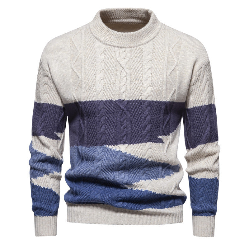 Men's Structured Colorblock Cable Knit Turtleneck Sweater in Cotton Blend Chichicherry
