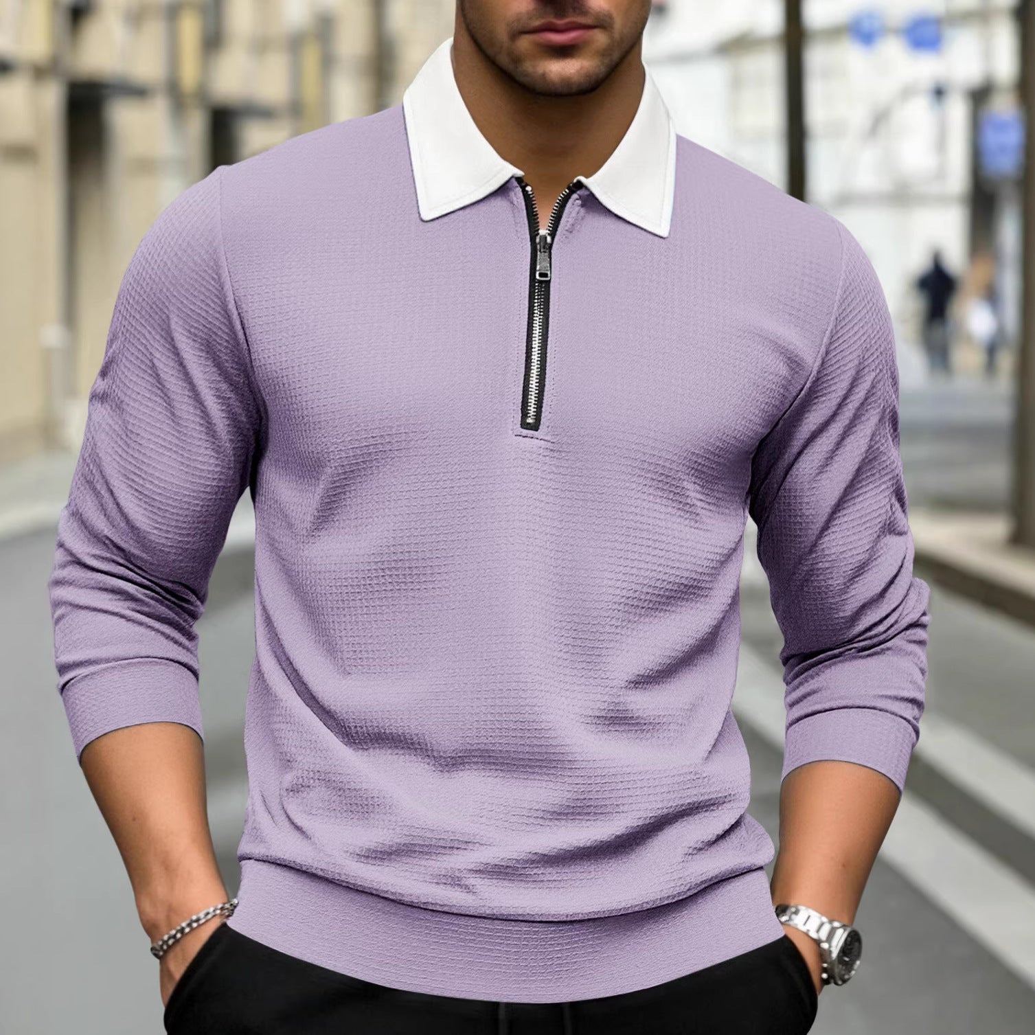 Men's Elegant Waffle Structure Polo Shirt with Half Zip and Contrast Collar Chichicherry