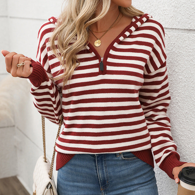 Women's Striped Hoodie with Half Zip and Ribbed Cuffs Chichicherry