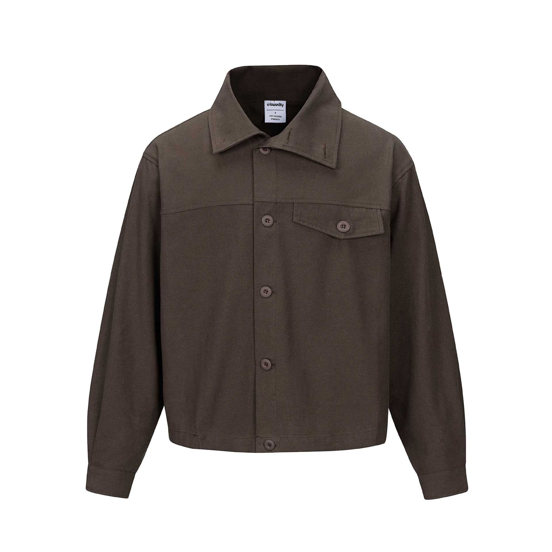 Unisex Short Cut Boxy Shirt Jacket with Continuous Button Placket and Flap Pocket Chichicherry