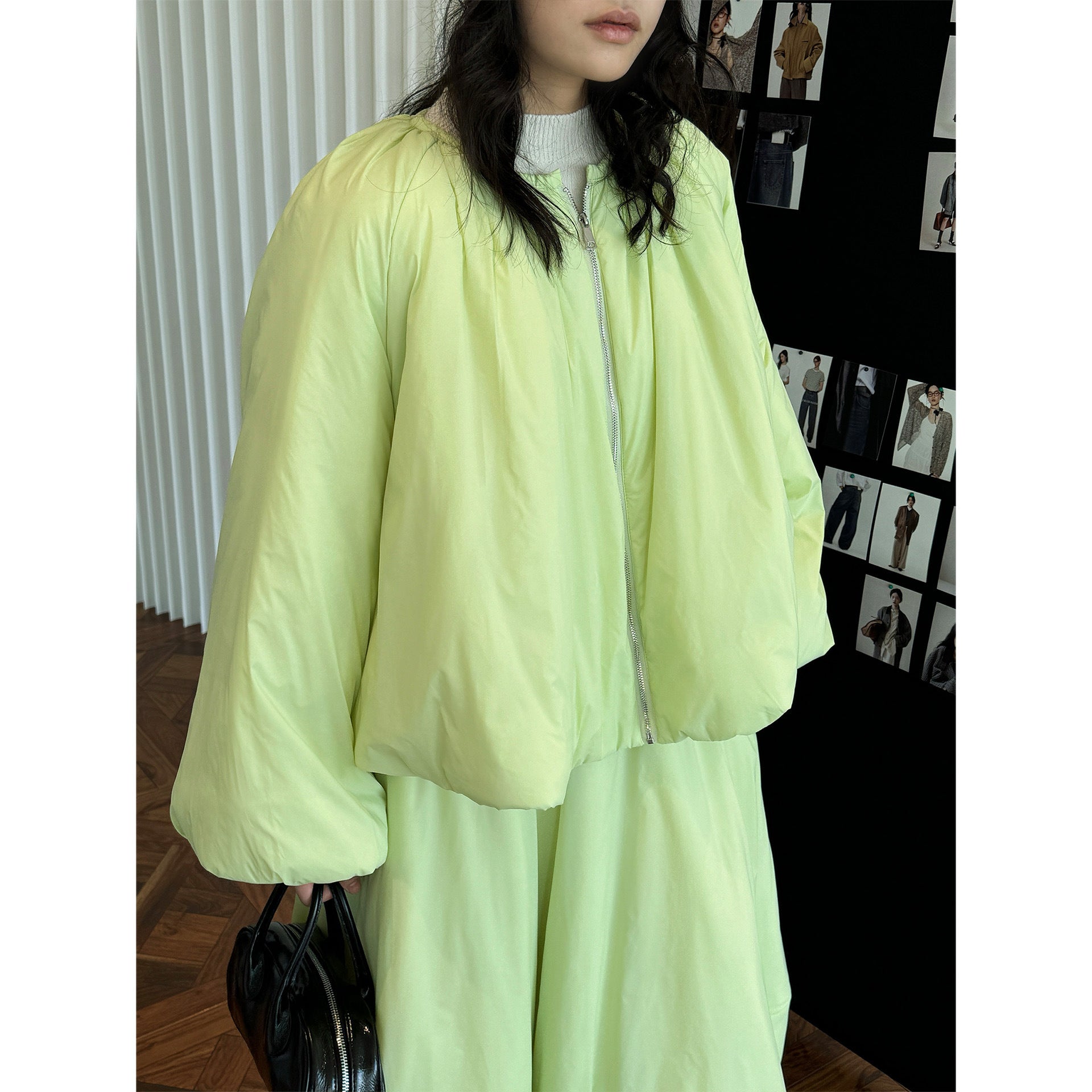 Women's Voluminous Bomber Jacket in Cape Style with Balloon Sleeves and Drawstring Chichicherry