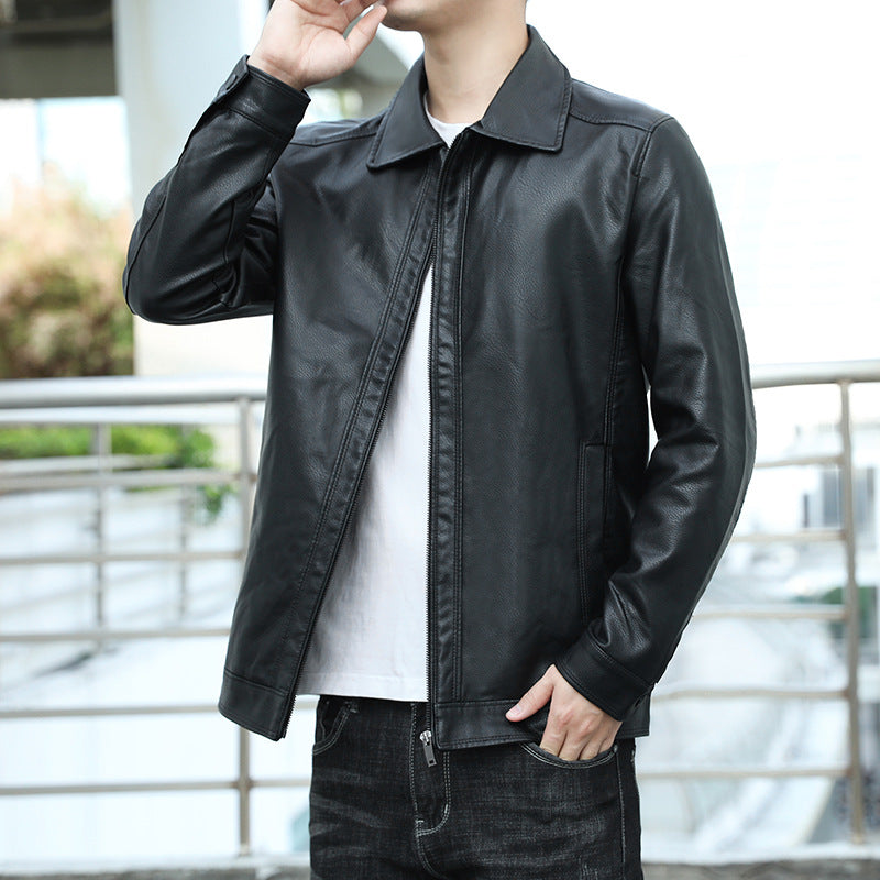 Men's Genuine Leather Blouson with Shirt Collar, Slim Fit and Concealed Zipper Chichicherry