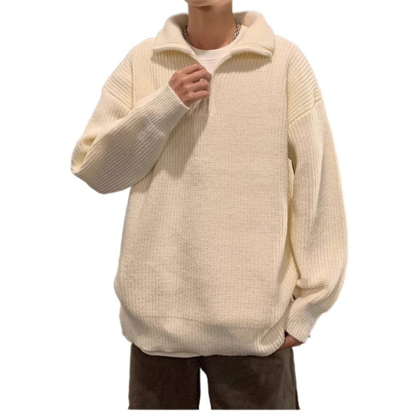 Herren Weicher Oversize-Rippenstrick-Pullover mit verdecktem Halbzip und Polokragen Chichicherry