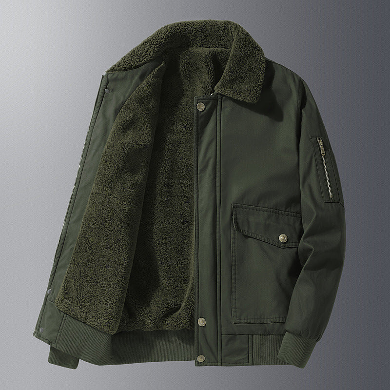 Men's teddy-lined pilot jacket in worker style with arm pocket and flap pockets.