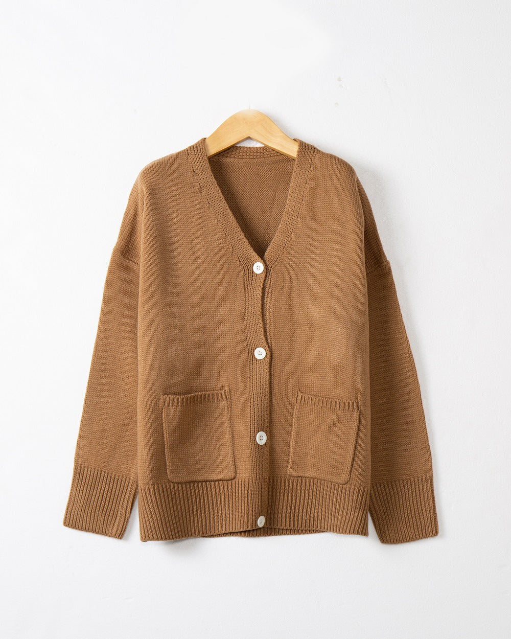 Women Fine Oversize Knit Cardigan with V-Neck, Button Placket and Patch Pockets Chichicherry