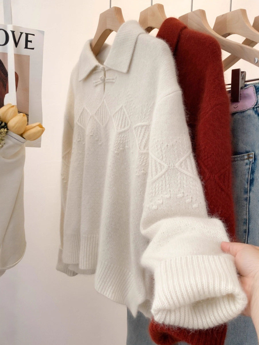 Women's polo collar sweater in mohair look with ajour cable pattern, dropped shoulders and loose silhouette Chichicherry