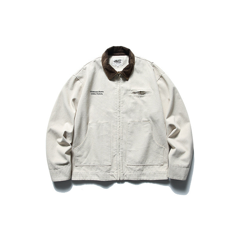 Men's Boxy Worker Jacket made of washed canvas with cord collar and zipper Chichicherry