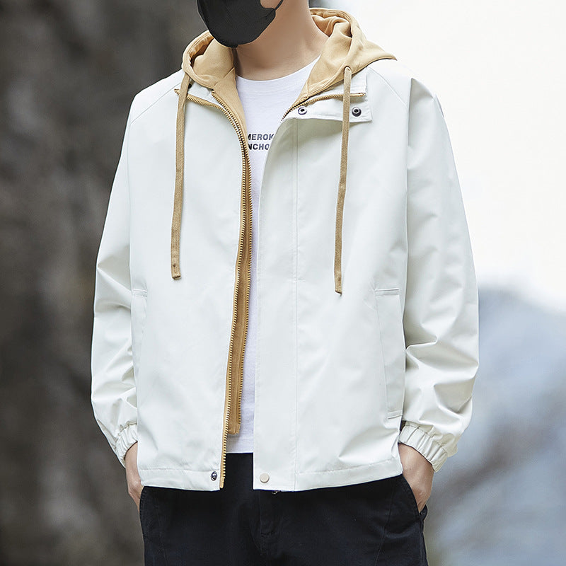 Men's Lightweight Hooded Rain Jacket in Bomber Style with Concealed Zipper and Elastic Cuffs Chichicherry