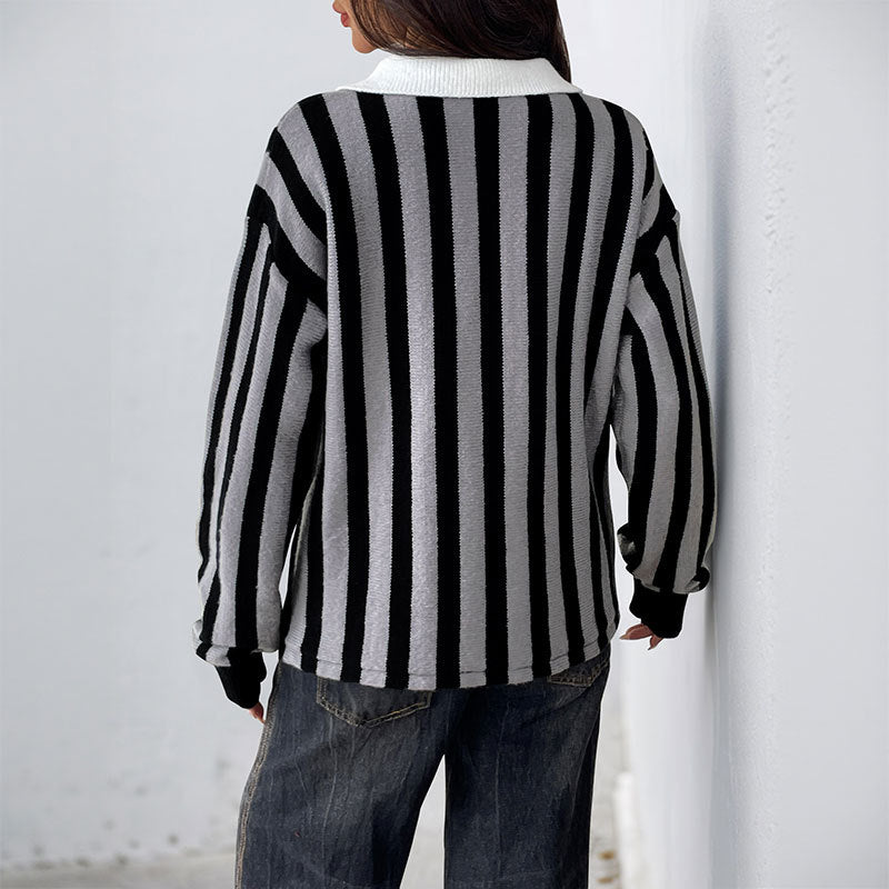 Women Casual Striped Knit Polo Collar Sweater with Contrasted Button Placket Chichicherry