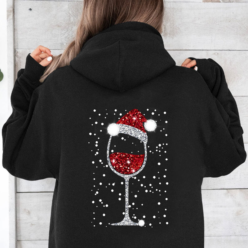 Women's Oversize Hoodie with Christmas Glitter Wine Glass Print Chichicherry