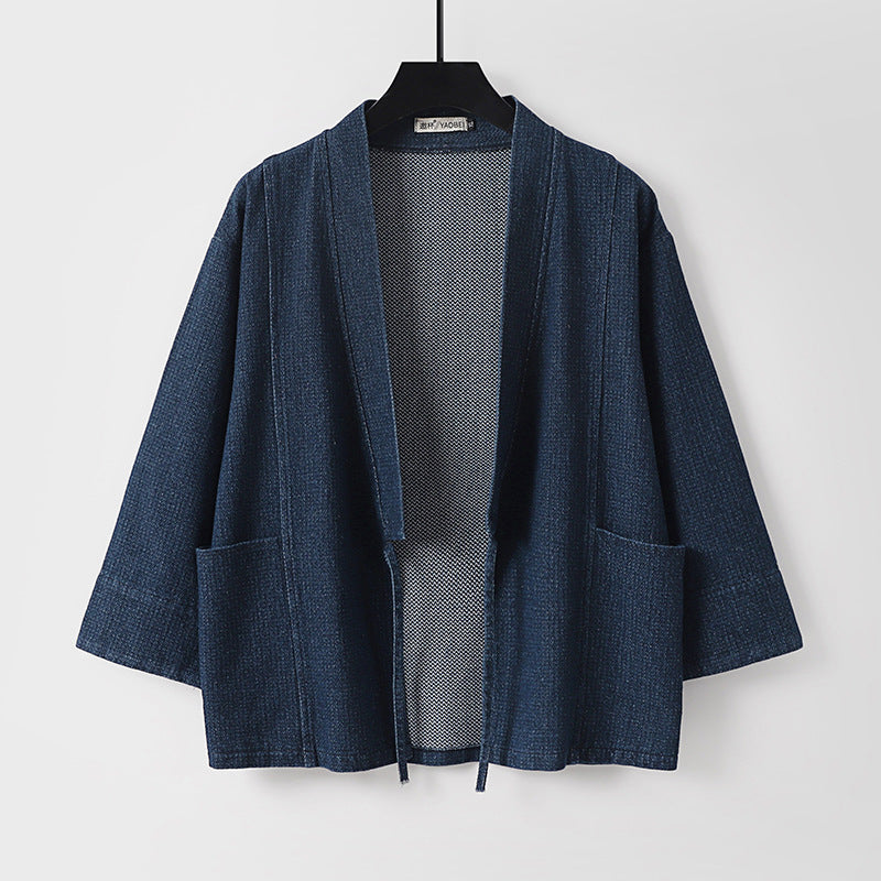 Unisex Jeans-Kimono Jacket with Ties and Patch Pockets Chichicherry