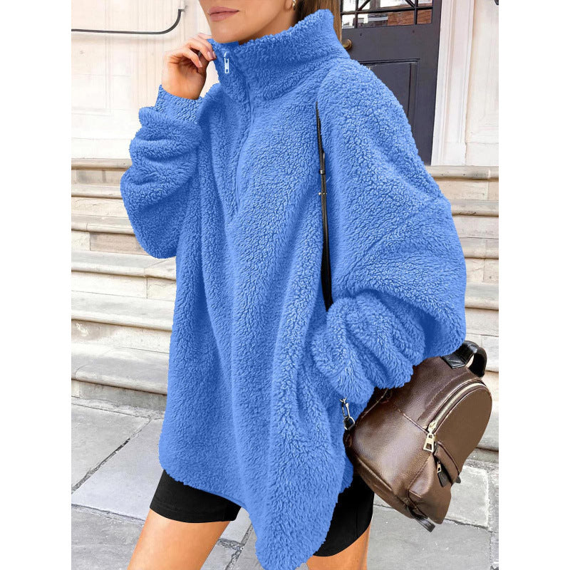 Women Fluffy Oversized Sherpa Pullover with Half Zip and Kangaroo Pockets Chichicherry